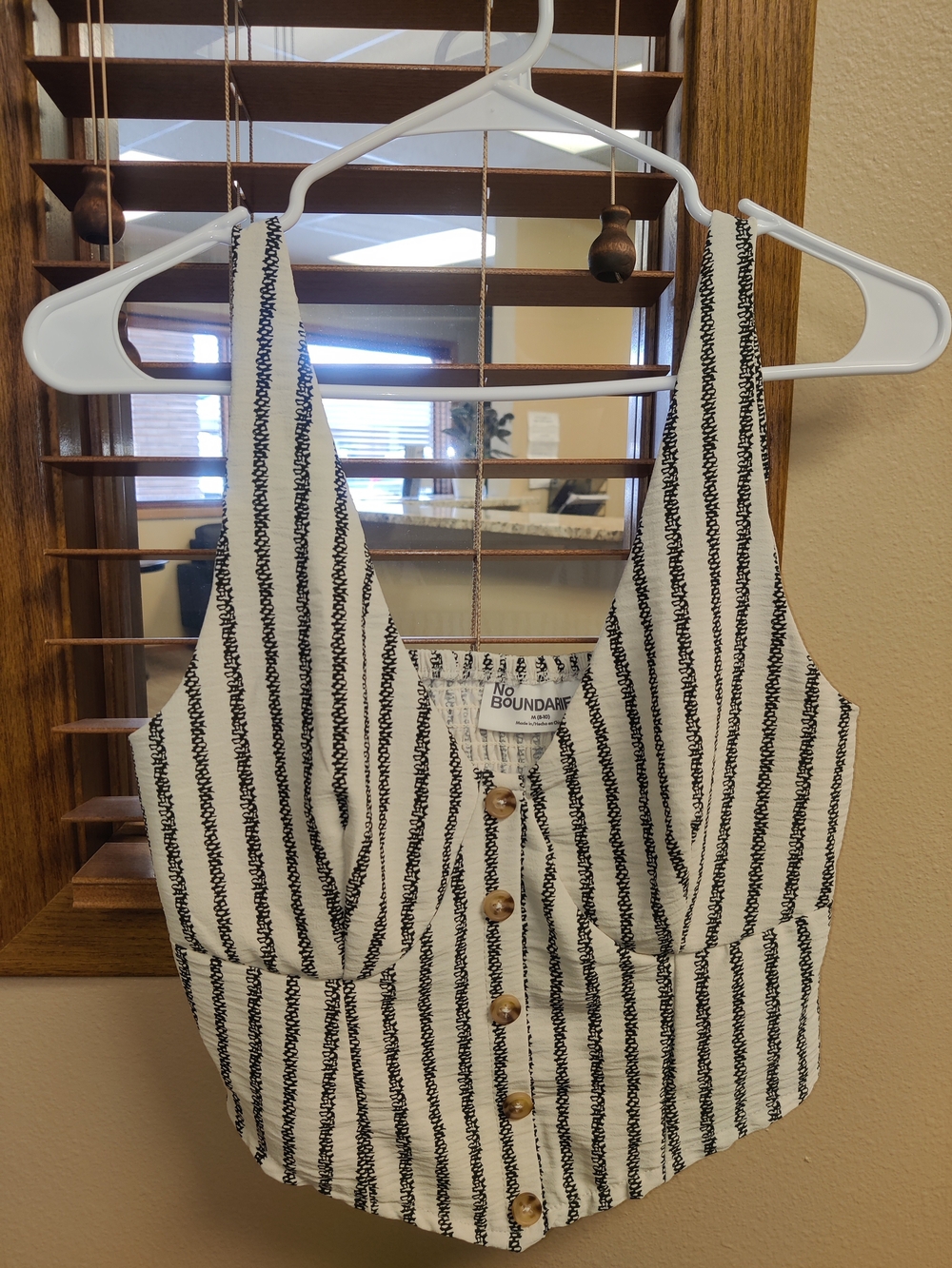 No Boundaries White and Black Striped Button-Front Cropped Camisole